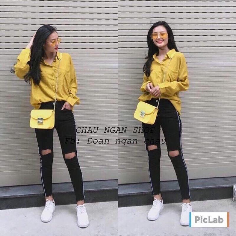 Quần skinny kaki VNXK rách gấu 2 màu đen trắng co dãn