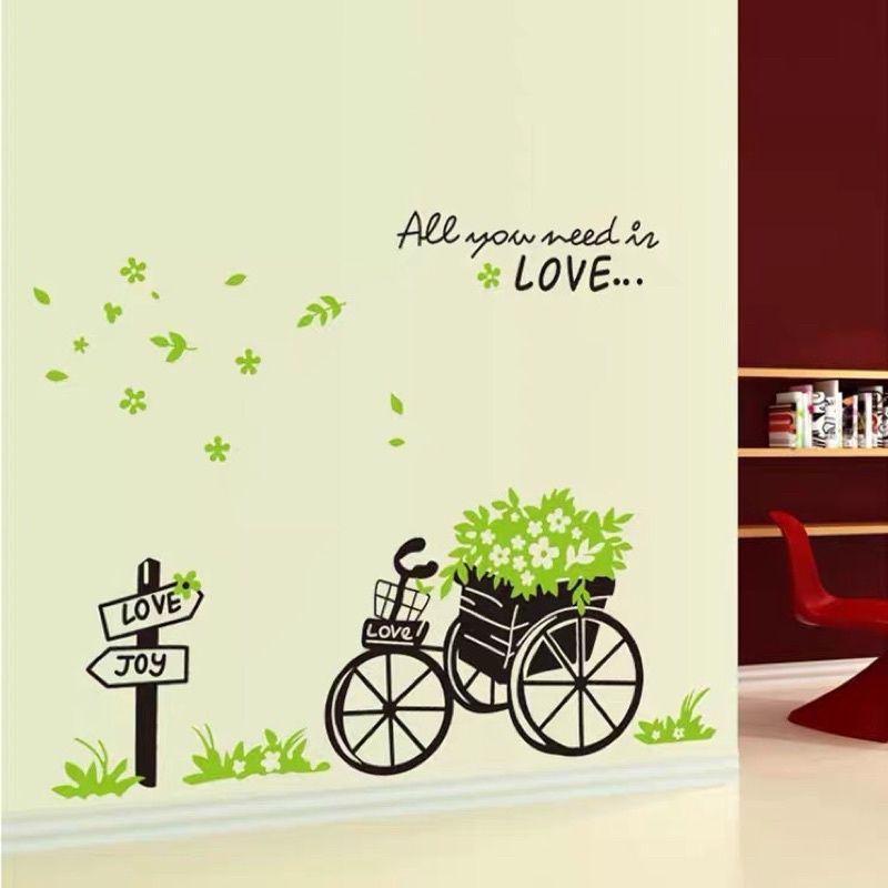 Decal dán tường xe đạp giỏ xanh_ trang trí phòng khách