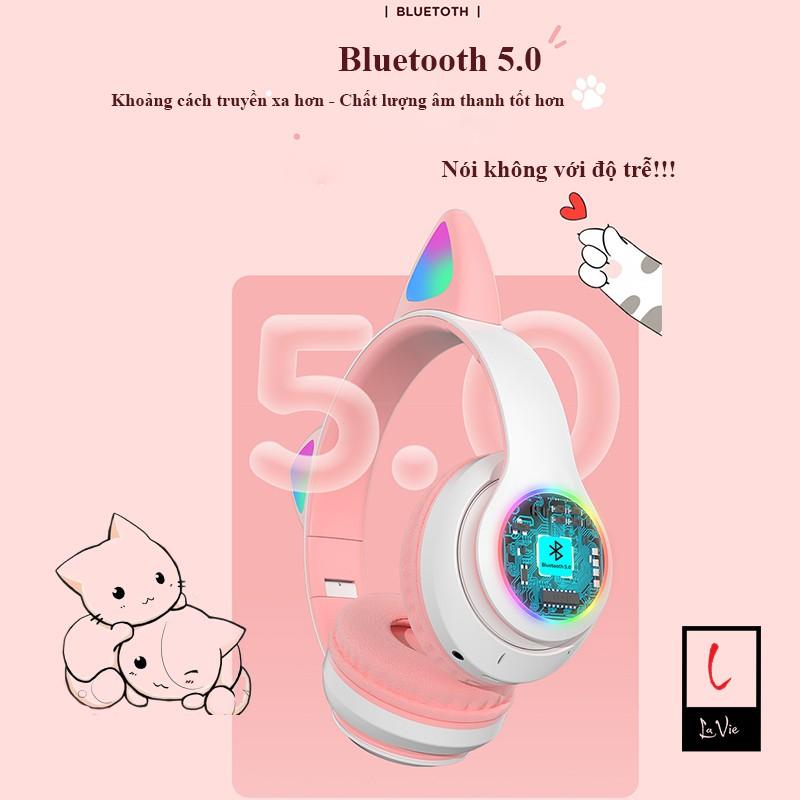 Headphone Chụp Tai Bluetooth 5.0 Có Mic tai Mèo Cute Âm Thanh Sống Động, Led Siêu Nhạy