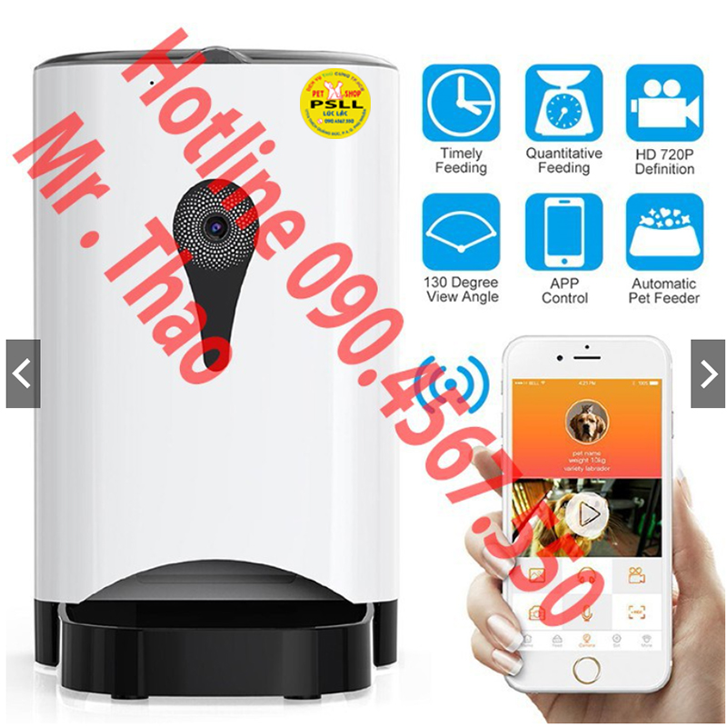 Máy tự động cho Chó Mèo ăn, qua Điện Thoại 4G Wifi, có Camera, Pet Feeder . Hộp tự động rơi thức ăn
