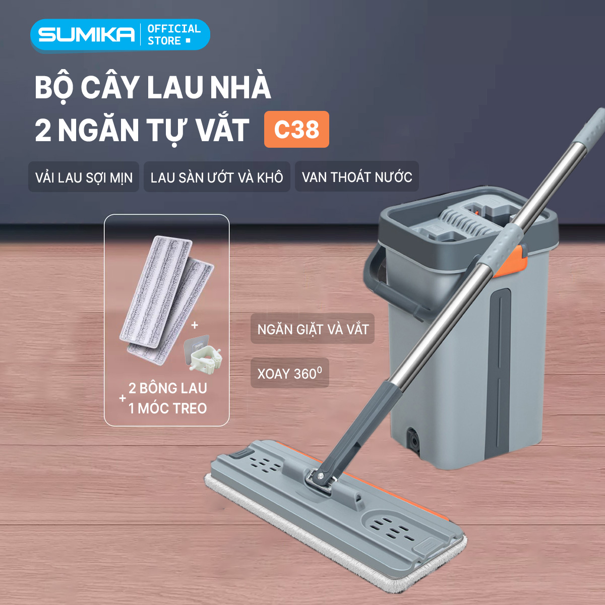 Bộ cây lau nhà SUMIKA C38, thùng lau nhà 2 ngăn tự vắt thông minh, chổi lau sàn nhà 360 độ, 2 bông lau, 1 móc treo cây lau sàn