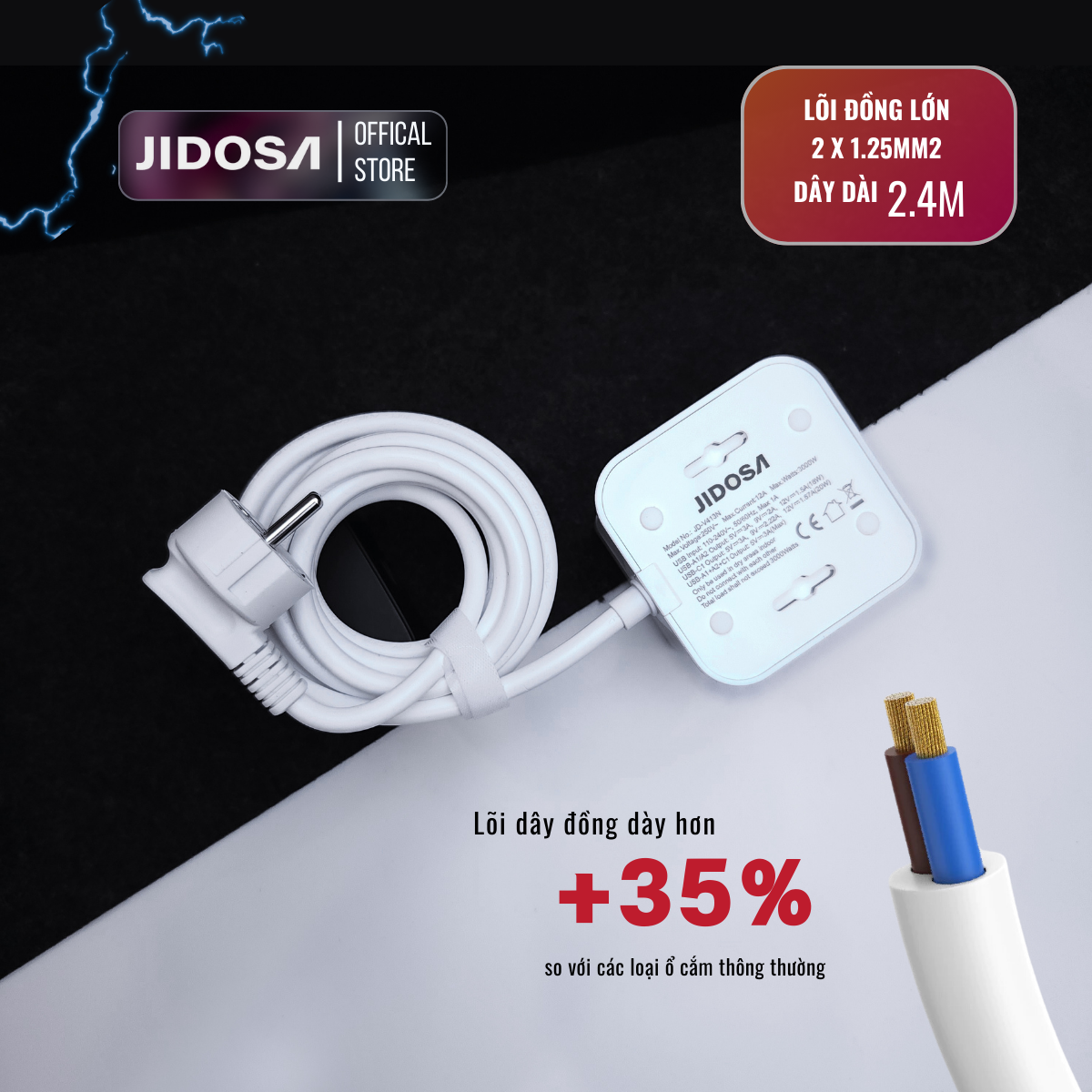 Ổ Cắm Điện JIDOSA Tích Hợp Ổ USB Và Type C Hình Tháp Đa Năng Công suất 3000w Thiết Kế Thông Minh