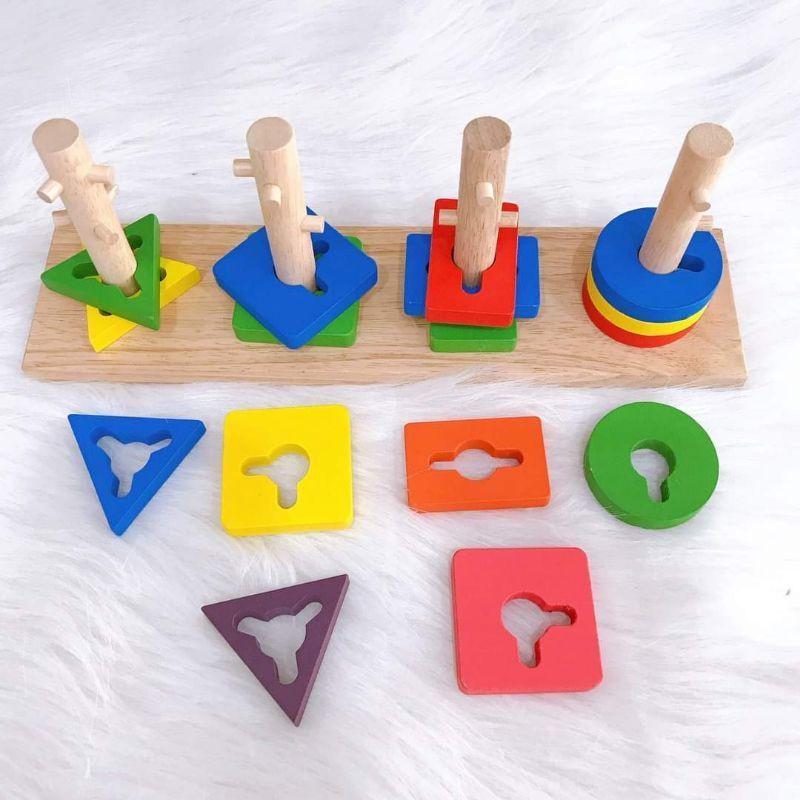 ĐỒ CHƠI- CỘT XẾP HÌNH MONTESSORI 4 CỌC &amp;CHỐT- Đồ chơi gỗ an toàn, học tập, giải trí, thông minh, trí tuệ cho trẻ