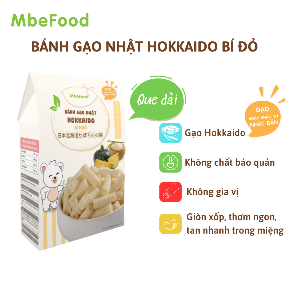 Bánh ăn dặm cho bé MBEFOOD Bánh gạo Nhật Hokkaido bí ngô que dài (Hộp 2 gói x 5g)