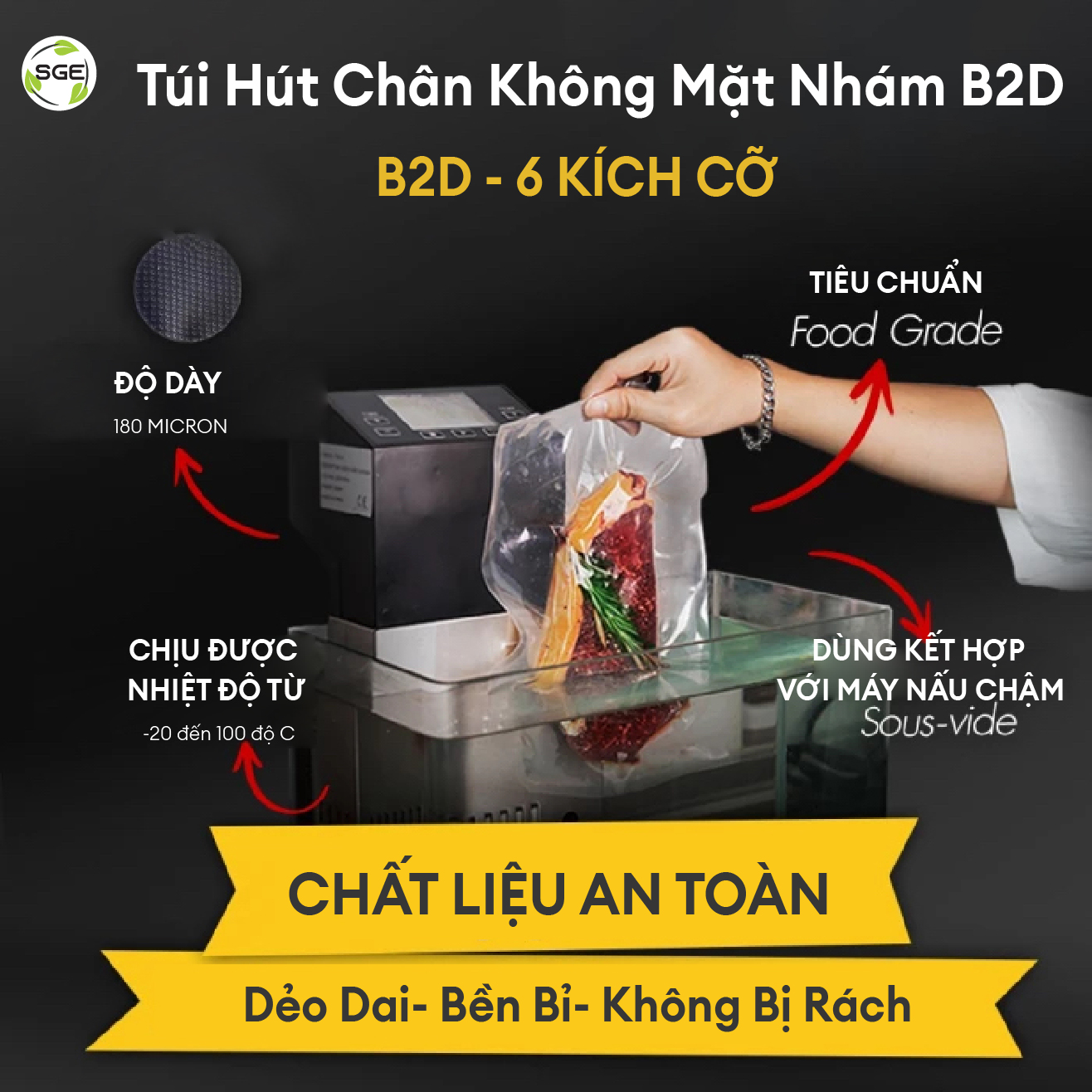 Túi hút chân không 1 mặt nhám B2D. Túi bảo quản thực phẩm. Hàng chính hãng Thailand