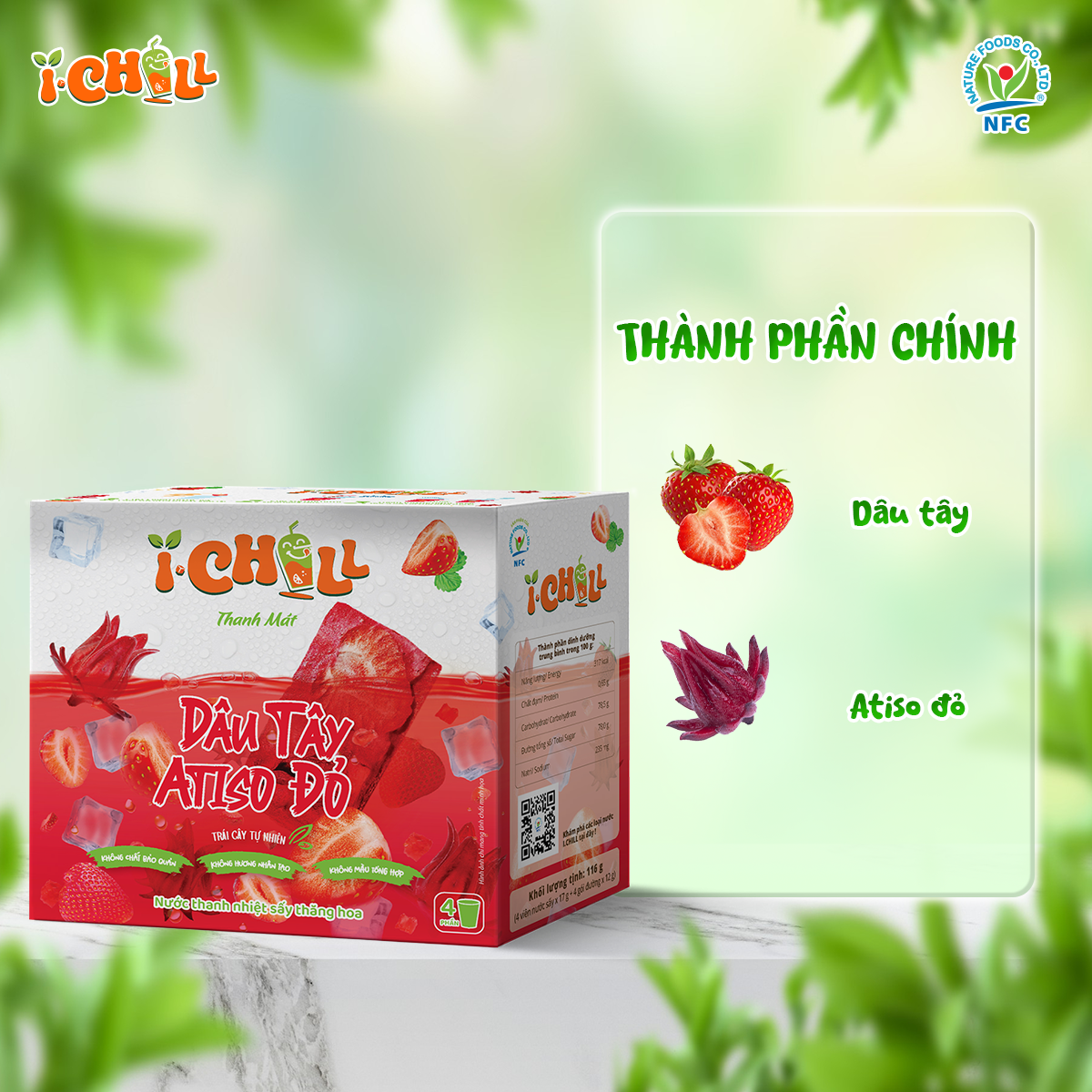 iChill Dâu Tây Atiso Đỏ Nước Thanh Nhiệt Sấy Thăng Hoa Từ Trái Cây Tự Nhiên 4 Gói X Hộp, Không Chất Bảo Quản, ISO 22000, HACCP, BRC
