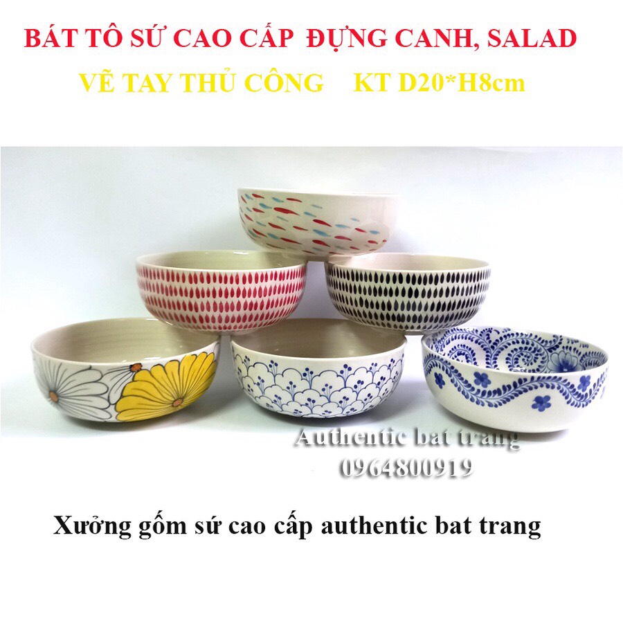 Bát tô sứ đựng canh, salad CAO CẤP vẽ thủ công - Kích thước D20cmH8cm