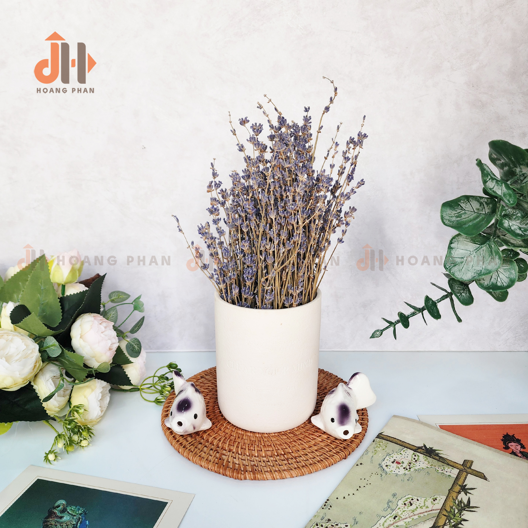 Set bình gốm trắng mộc phối hoa Lavender khô