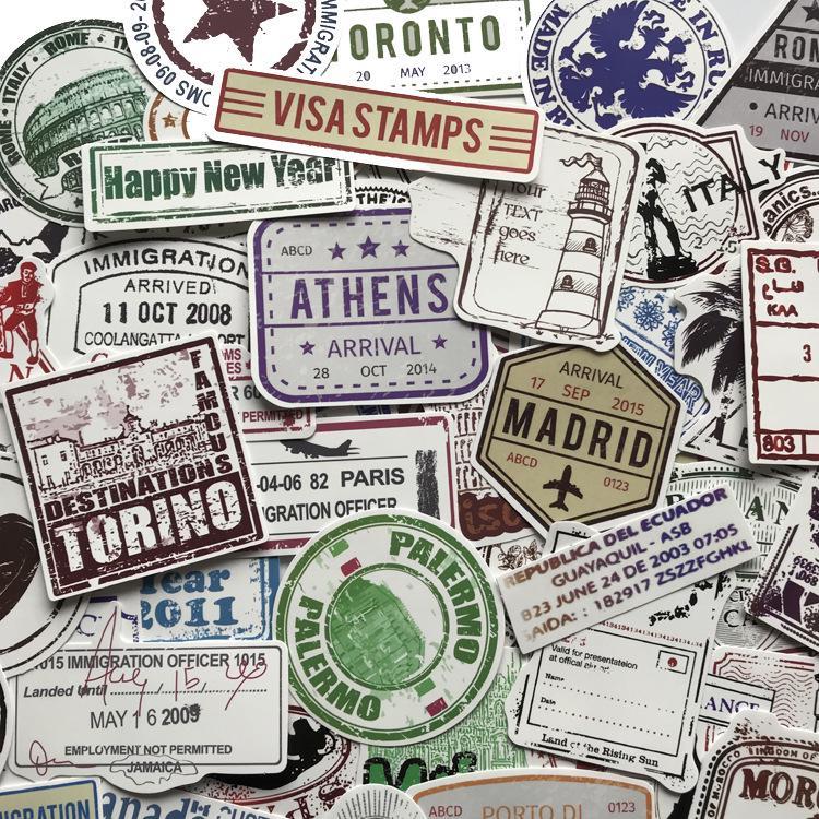 Sticker nhãn dán trang trí mũ bảo hiểm, đàn, guitar, ukulele, điện thoại laptop chủ đề retro visa stamp