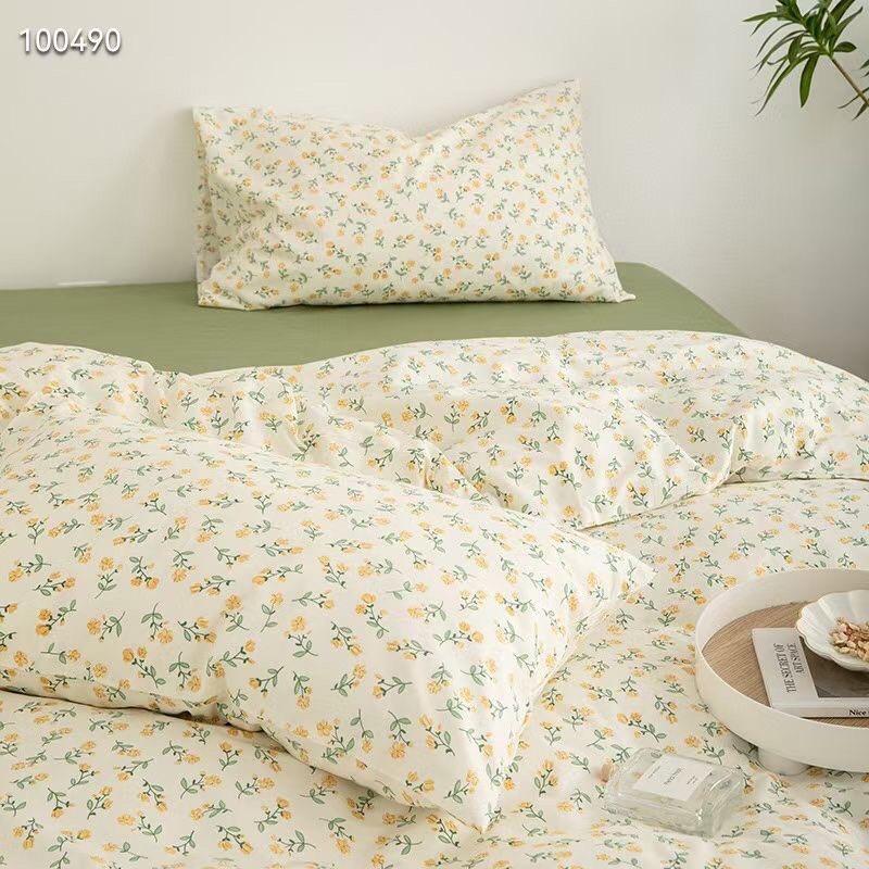 Bộ Chăn Ga Gối Cotton Living 100%cotton Hàng Nhập Khẩu Cao Cấp 4 Món Hoa Vintage Nhí Xanh