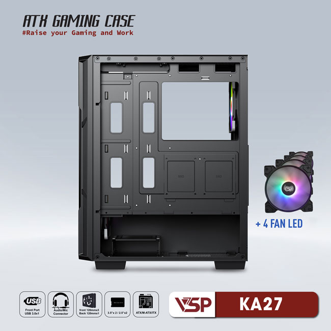 Vỏ máy tính Case VSP KA27 [ĐEN] sẵn 4 Fan LED ~ Gaming 2 mặt kính cường lực (M-ATX/ITX) - Hàng chính hãng TECH VISION phân phối