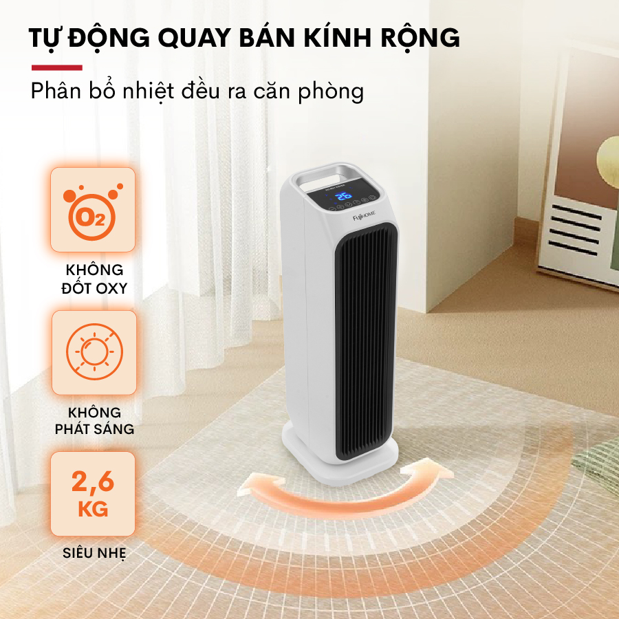 Máy sưởi gốm không khô da nhập khẩu điều khiển từ xa FUJIHOME FH3000M, Quạt sưởi gốm Ceramic tự ngắt tiết kiệm điện- Hàng chính hãng