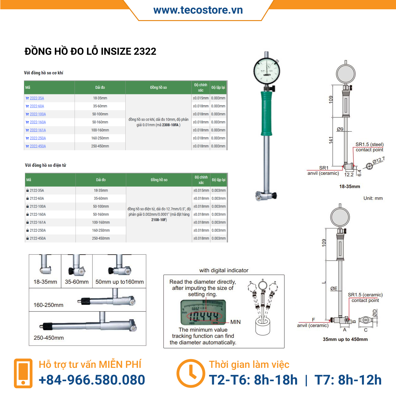 Đồng hồ đo lỗ cơ khí Insize 2322 - nonwaterproof