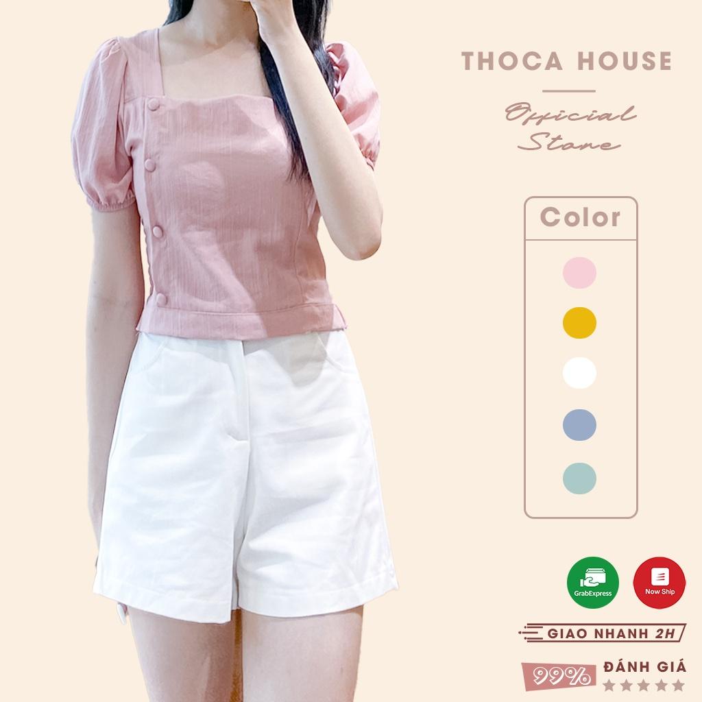 Áo croptop ulzzang cổ U nút bọc tay phồng trơn nhiều màu THOCA HOUSE xinh xắn, trẻ trung