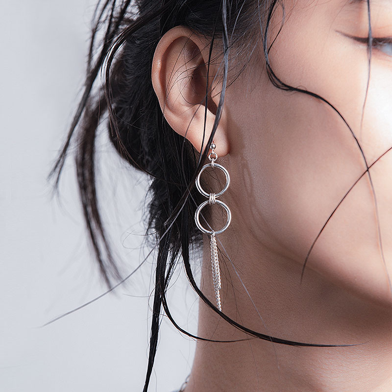 Bông tai nam nữ unisex vòng tròn dây xích dài