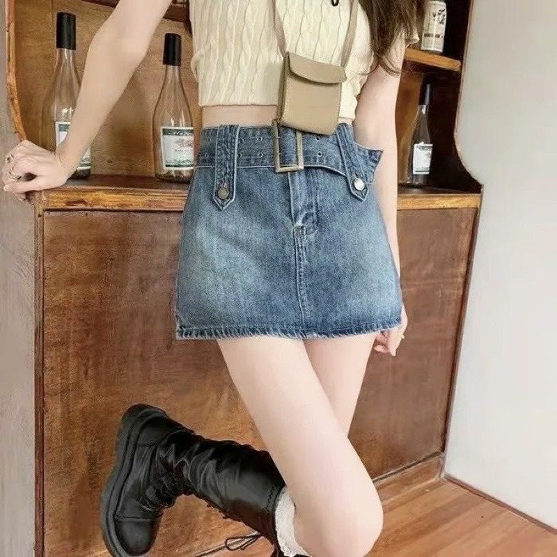 Chân Váy Jeans Nữ Dây Đai Dáng Ngắn Cạp Lưng Cao
