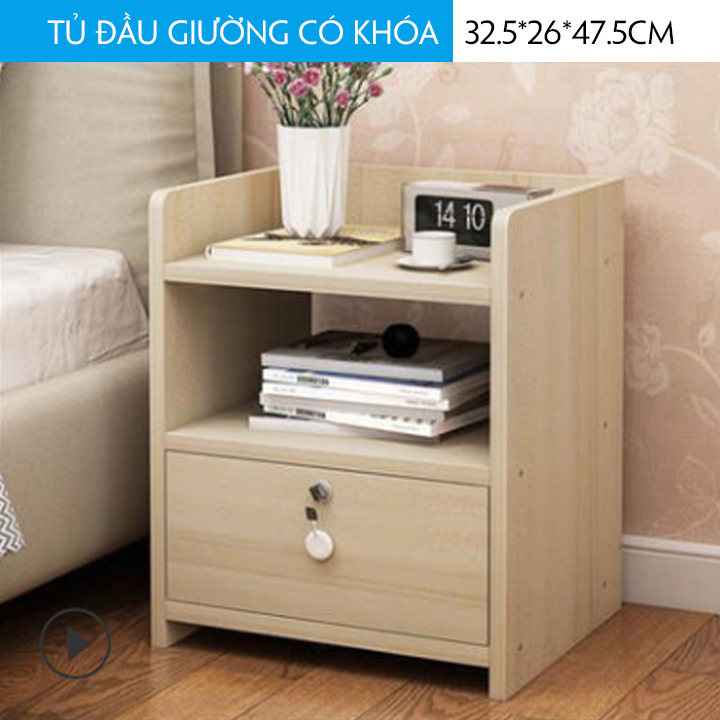 Tủ đầu giường, kệ đầu giường có ngăn kéo, táp đầu giường chất liệu gỗ kích thước 33*26*47,5cm