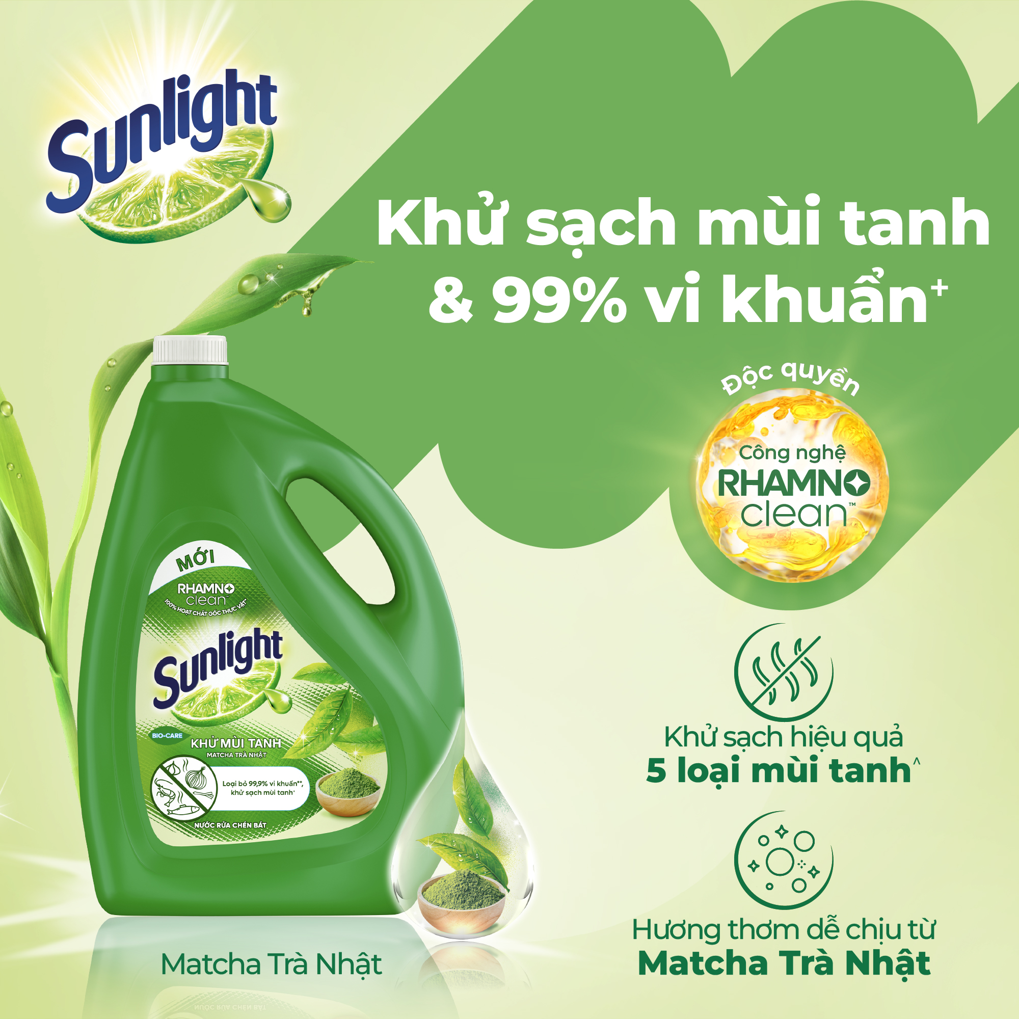 Nước Rửa Chén Sunlight Bio-Care Matcha Trà Nhật Dạng Can, Khử Mùi Tanh Sạch Dầu Mỡ 3.6kg