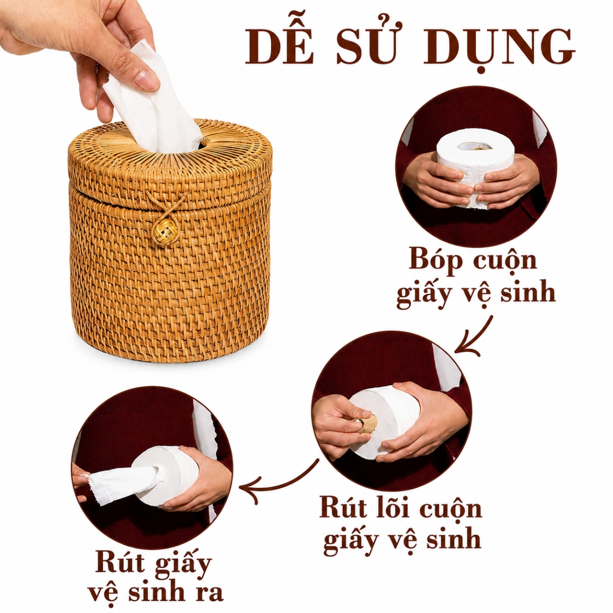 Hộp Khăn Giấy Mây Tre Hình Tròn ANKAN – Decor Sang Trọng Nhà Tắm, Phòng Khách, Quán Cafe
