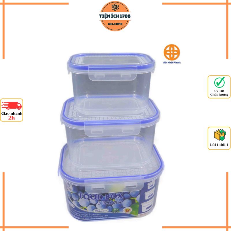 Bộ 3 Hộp Đựng Thực Phẩm Cao Cấp Việt Nhật Mã 6532 Bảo Quản Thực Phẩm Trong Tủ Lạnh Nắp Đậy Có Ron Chống Tràn, Chống Đổ