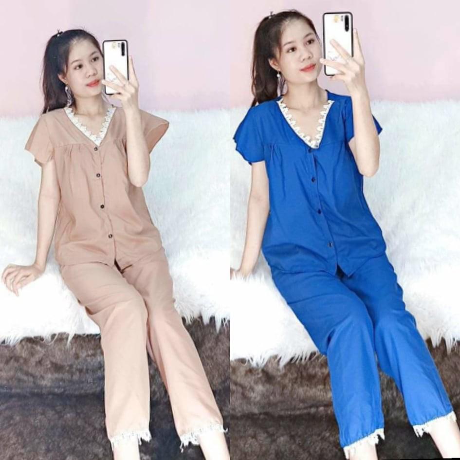 Bộ kate lụa cổ ren tim - quần dài tay bèo - ẢNH THẬT