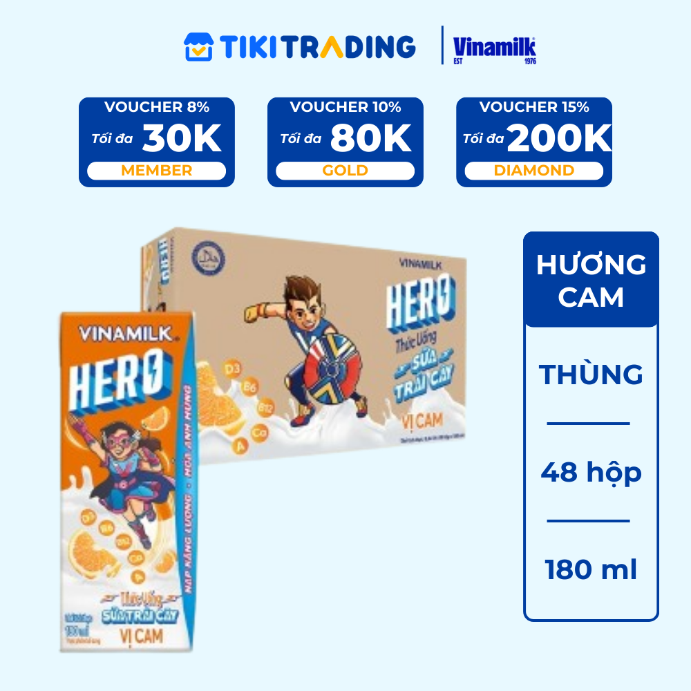 Thùng Thức uống sữa trái cây vị cam Vinamilk Hero 180ml - 48 hộp/Thùng