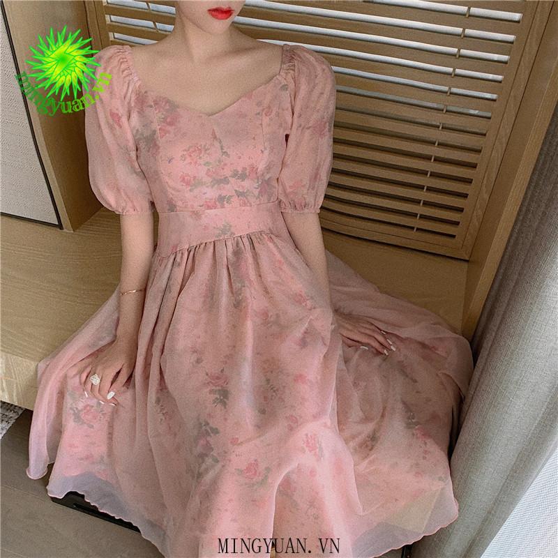 Đầm Nữ Tay Phồng Cổ Chữ V Thời Trang Retro