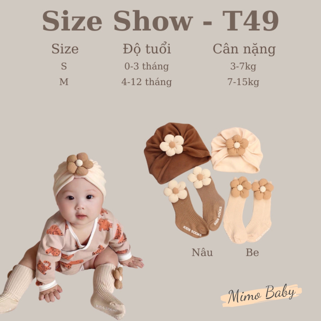 Set tất mũ turban đính hoa nâu be đáng yêu cho bé T49 Mimo Baby
