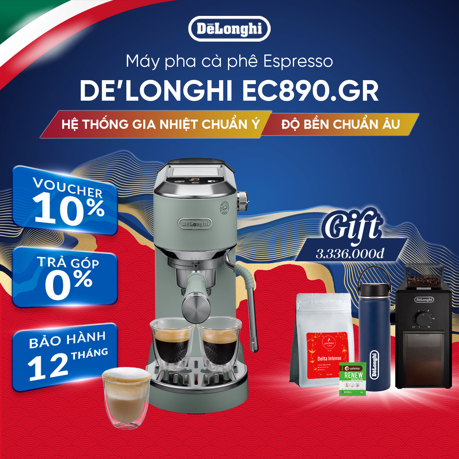 Máy pha cà phê espresso DeLonghi Dedica Duo EC890.GR - Hàng Chính Hãng