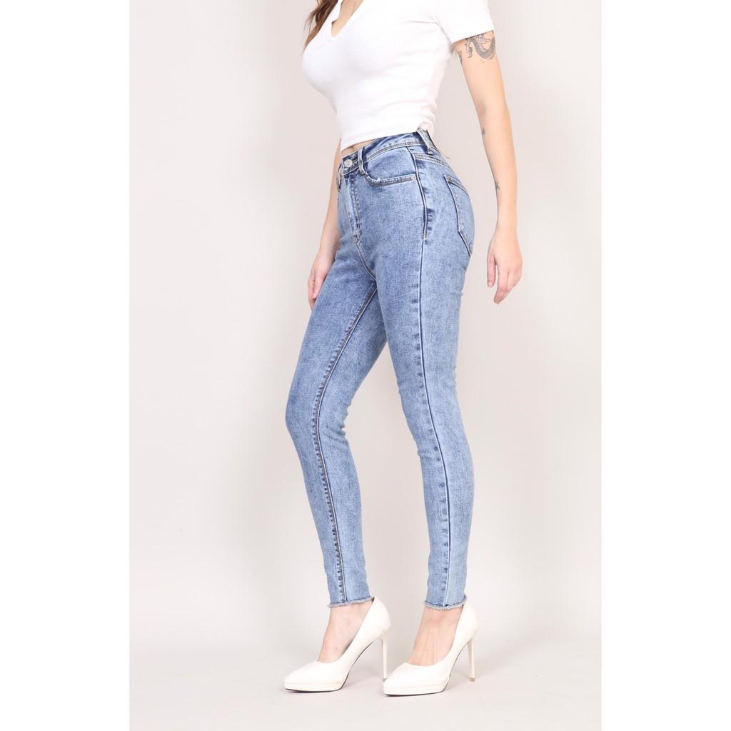 Quần Jean Nữ Skinny xanh đá Cạp Cao co giãn Gấu Tua Rua CT JEANS