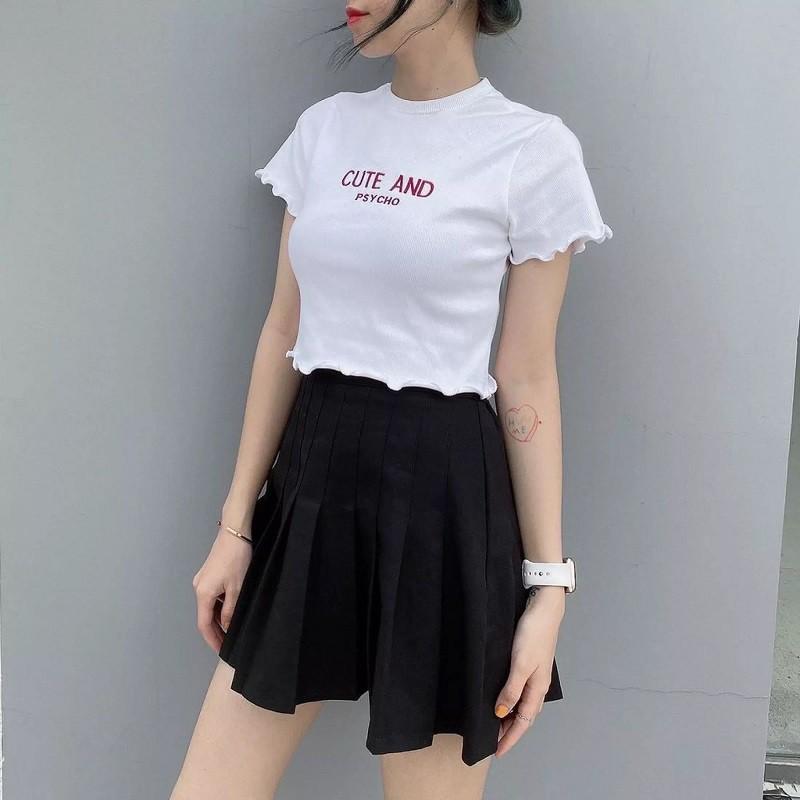 Áo croptop nữ ôm kiểu viền bèo áo crtop ngắn tay CUTE 2 màu trắng đen chất thun đẹp mịn mát