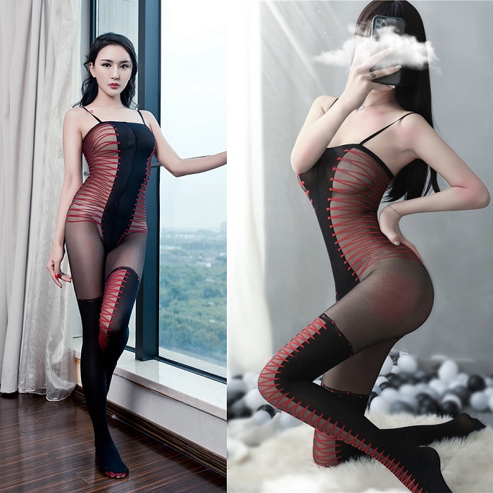 Đồ Ngủ Hai Dây Lưới Xuyên Thấu Khoét Đáy Vải Mịn Đen Đỏ Sexy Bodystocking Erotic Lingerie Nightwear Brave Man BCS21 28 8029