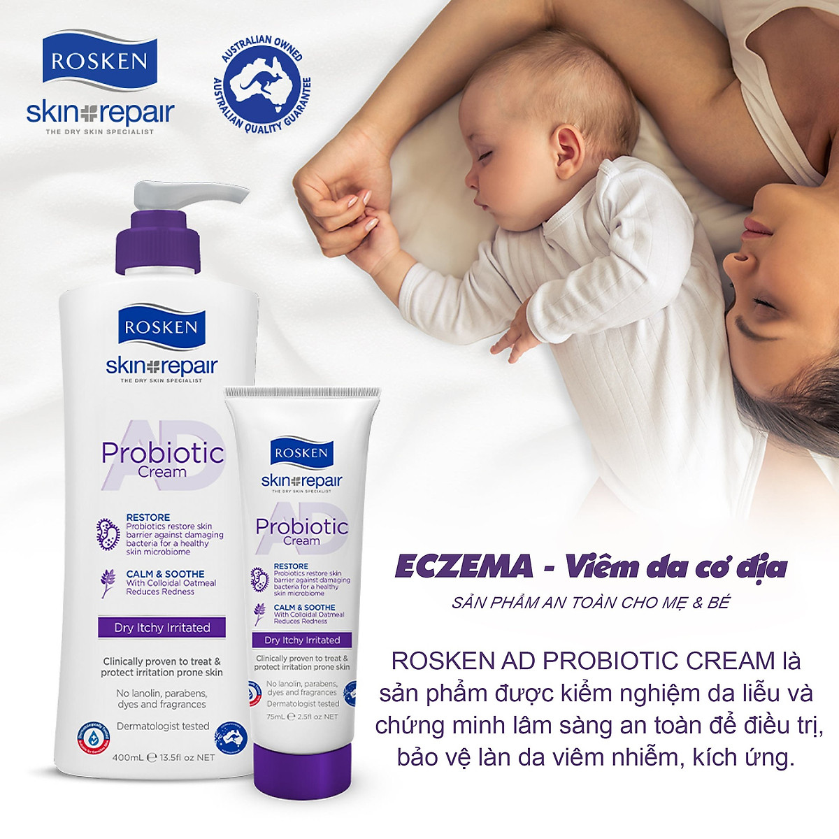 Kem dưỡng Rosken AD Probiotic Cream 400ml - chăm sóc da cơ địa, da dị ứng, da khô, chàm, vảy nến