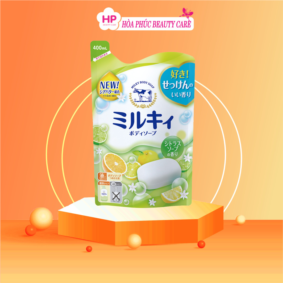 Sữa Tắm Dưỡng Trắng Mịn Da Hương Cam Chanh Cow Milky Body Soap Pump Chiết Xuất Sữa Bò Tươi Refil (Combo Sữa Tắm Và Set 24ml)