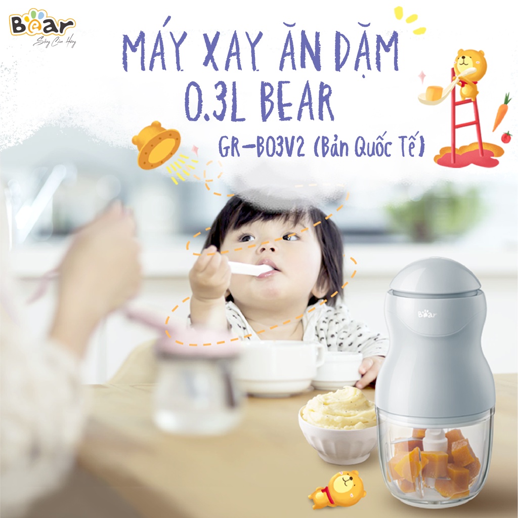 [ Hàng chính hãng] Máy Xay Ăn Dăm Cho Bé Bear Mini Cầm Tay Tiện Lợi B03V2 Thiết Kế 3 Lưỡi Dao Sắc Bén, Chất Liệu Thuỷ Tinh Borosilicat - Hàng chính hãng