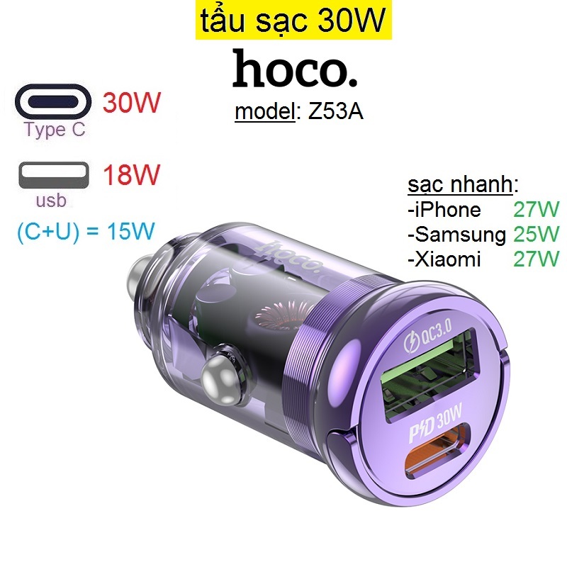 Tẩu sạc 30W (Type C + USB) Hoco Z53a nhỏ gọn sạc nhanh cho điện thoại Samsung/ iP/ Xiaomi _ Hàng chính hãng