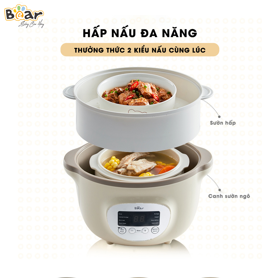 Nồi nấu chậm Bear SUBE002 1,6L màu nâu với 7 chức năng cho các hoạt động: Nấu, hấp, hầm cách thủy, giữ 100% giá trị dinh dưỡng, ... có ruột nồi bằng sứ cao cấp