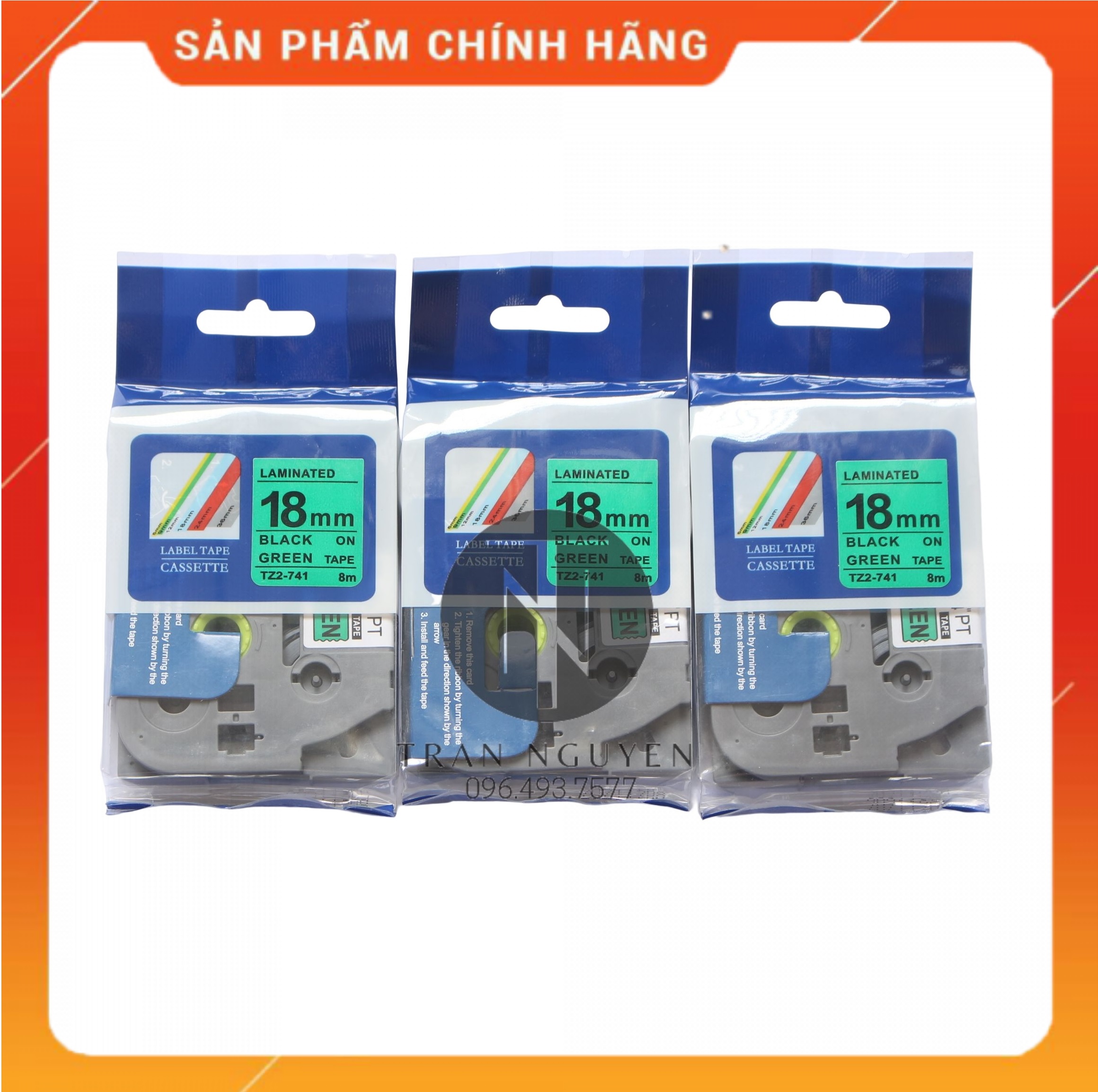 Nhãn In Cho Brother Tz2-741 - Đen nền xanh lá 18mm x 8m - Hàng chính hãng