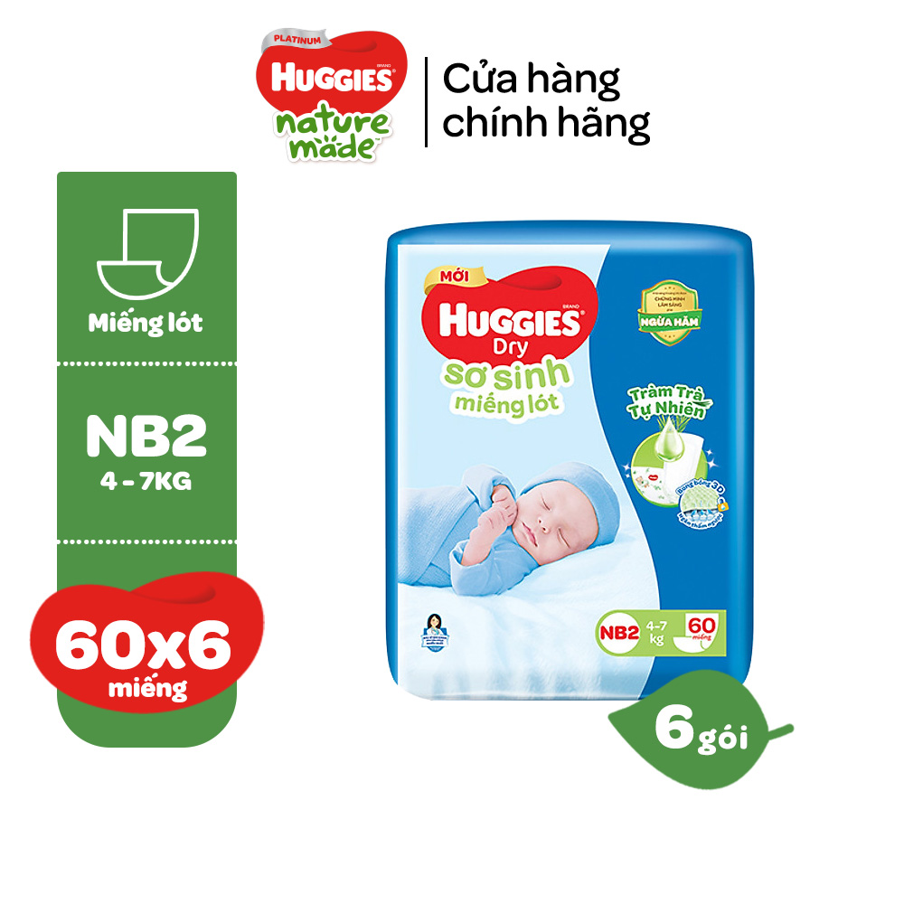 Thùng 6 gói Miếng lót sơ sinh Huggies Tràm Trà Newborn 2 (4-7kg) - N60 - Gói 60 miếng