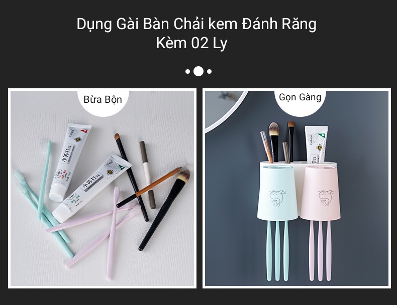 Kệ đựng bàn chải kem đánh răng EC3 - kèm 02 cốc lúa mạch dính tường tiện dụng