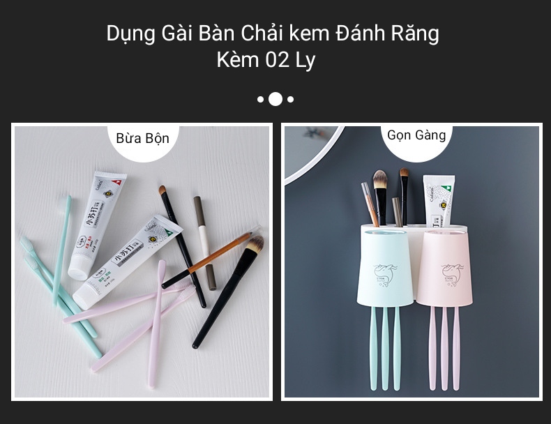 Kệ đựng bàn chải kem đánh răng EC3 kèm 02 cốc lúa mạch dính tường tiện dụng