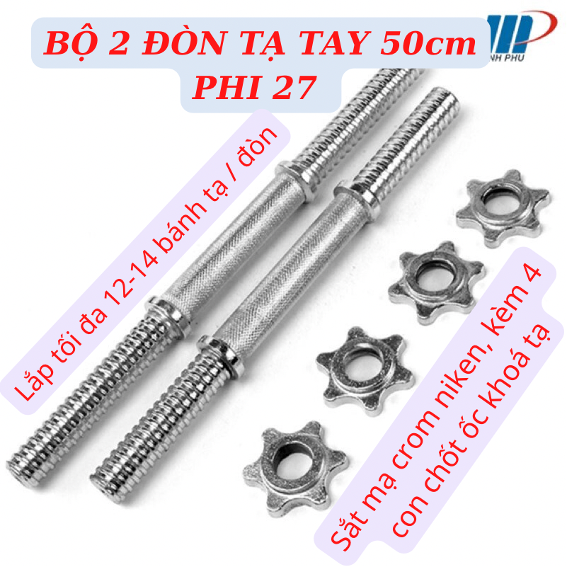 Bộ 2 đòn tạ tay dài 50cm phi 27 lắp full 100kg tạ 1 tay