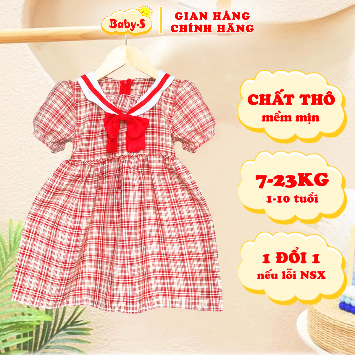 Váy cho bé gái 8-22kg họa tiết sọc đỏ Baby-S, Đầm bé gái tay phồng phong cách Hàn Quốc xinh xắn – SD093