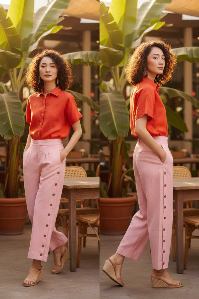 Quần Ống Rộng Xẻ Linen Anh Đào, Quần Culottes Ống Rộng Xẻ Đính Nút Linen Hồng Pan068