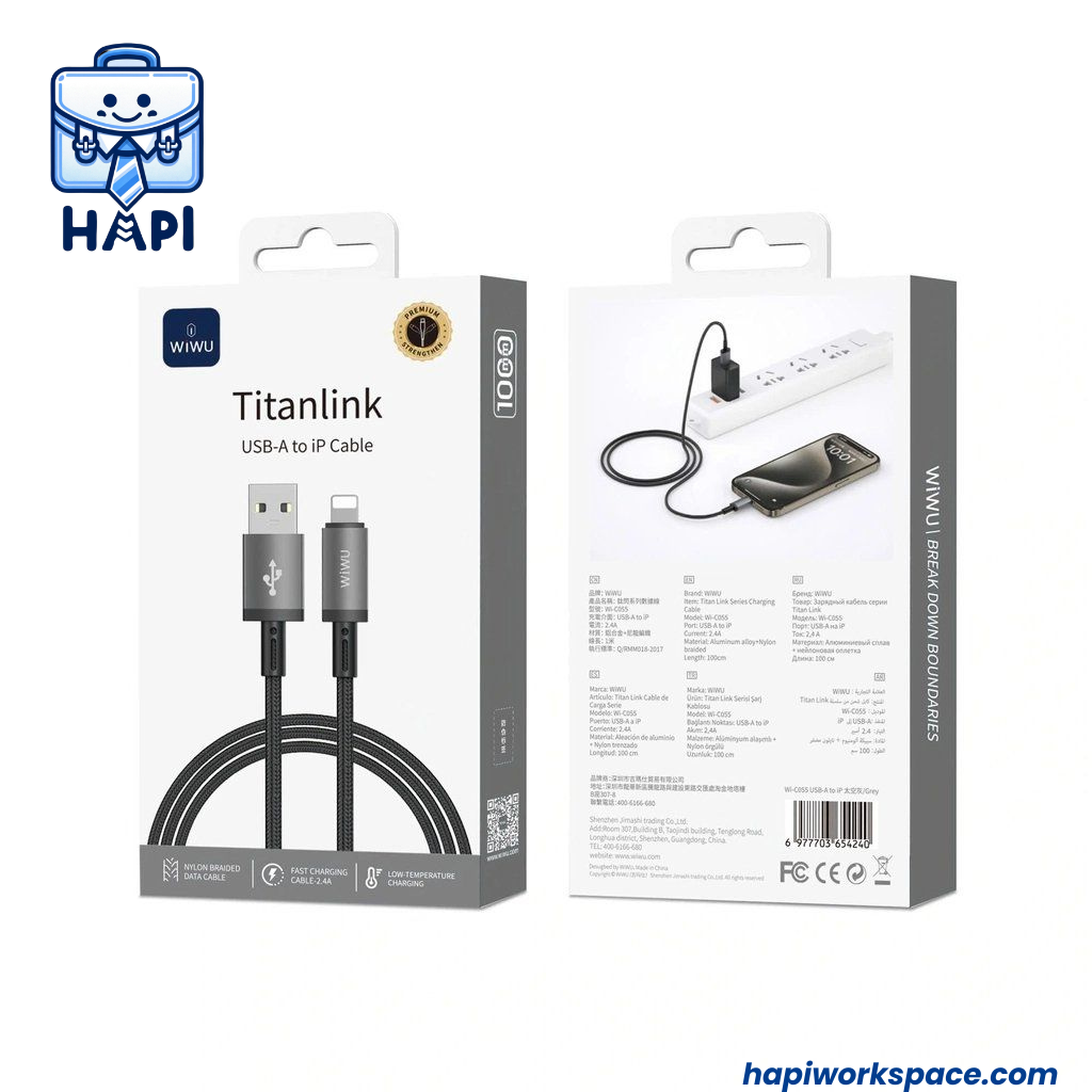 Cáp sạc USB-A to L WiWU Titanlink Wi-C055: Bọc dù, đầu hợp kim titan siêu bền