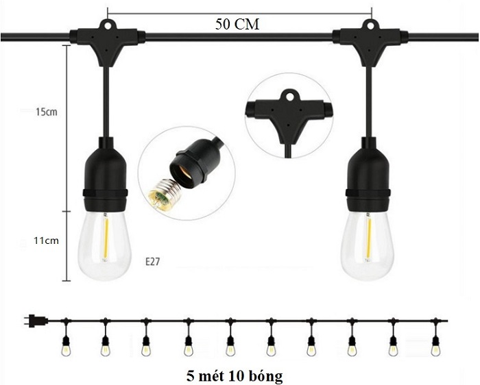 Dây đèn bóng led edison T45 5 mét 10 bóng 4w đèn trang trí