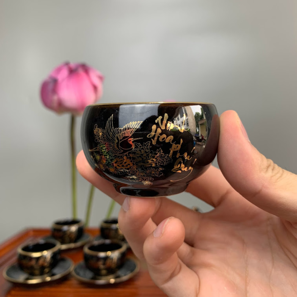 Bộ ấm chén uống trà cao cấp , bộ ấm trà Bát Tràng - vinh hoa phú quý men đen bóng