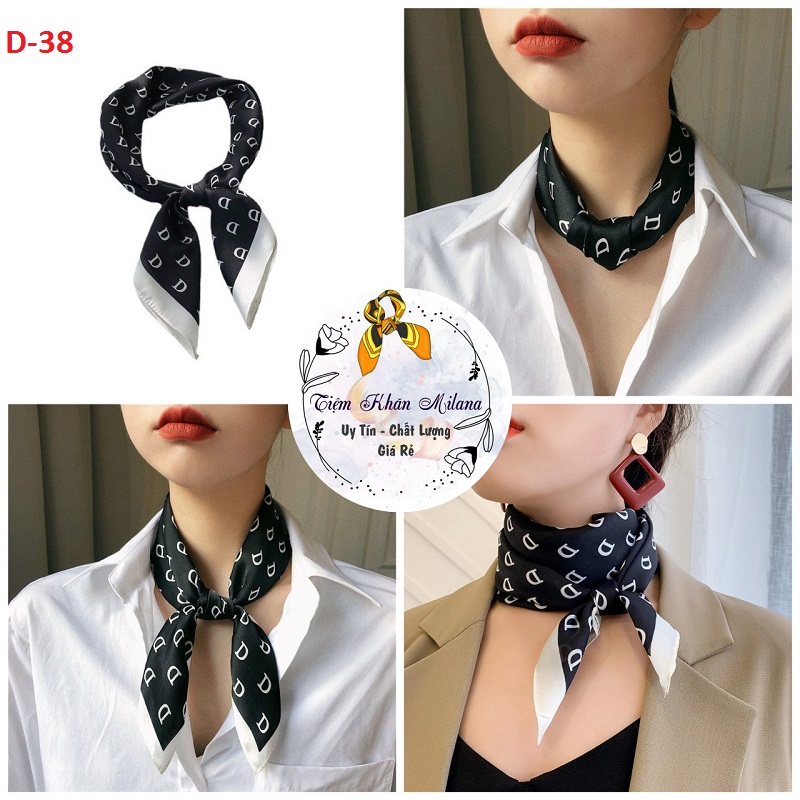 Khăn choàng cổ lụa vuông chữ D size 70x70cm hai màu đen, trắng, Bandana chùm đầu, buộc tóc thời trang Milana 20202