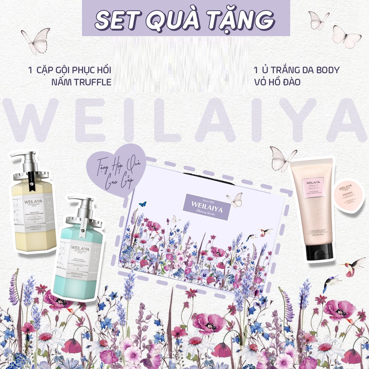 Set quà tặng cao cấp gồm Dầu gội xả phục hồi đa tầng nấm Truffle Weilaiya và Kem ủ trắng vỏ bồ đào Weilaiya Niacinamide Brightening Scrub - Gói hộp quà sang trọng