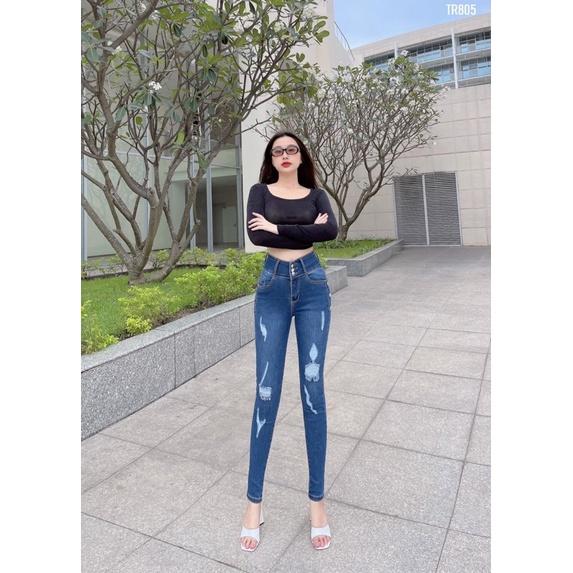 Quần Jeans Nữ Lưng Cao Co Giãn Phối 3 Nút Sườn Rách Thời Trang